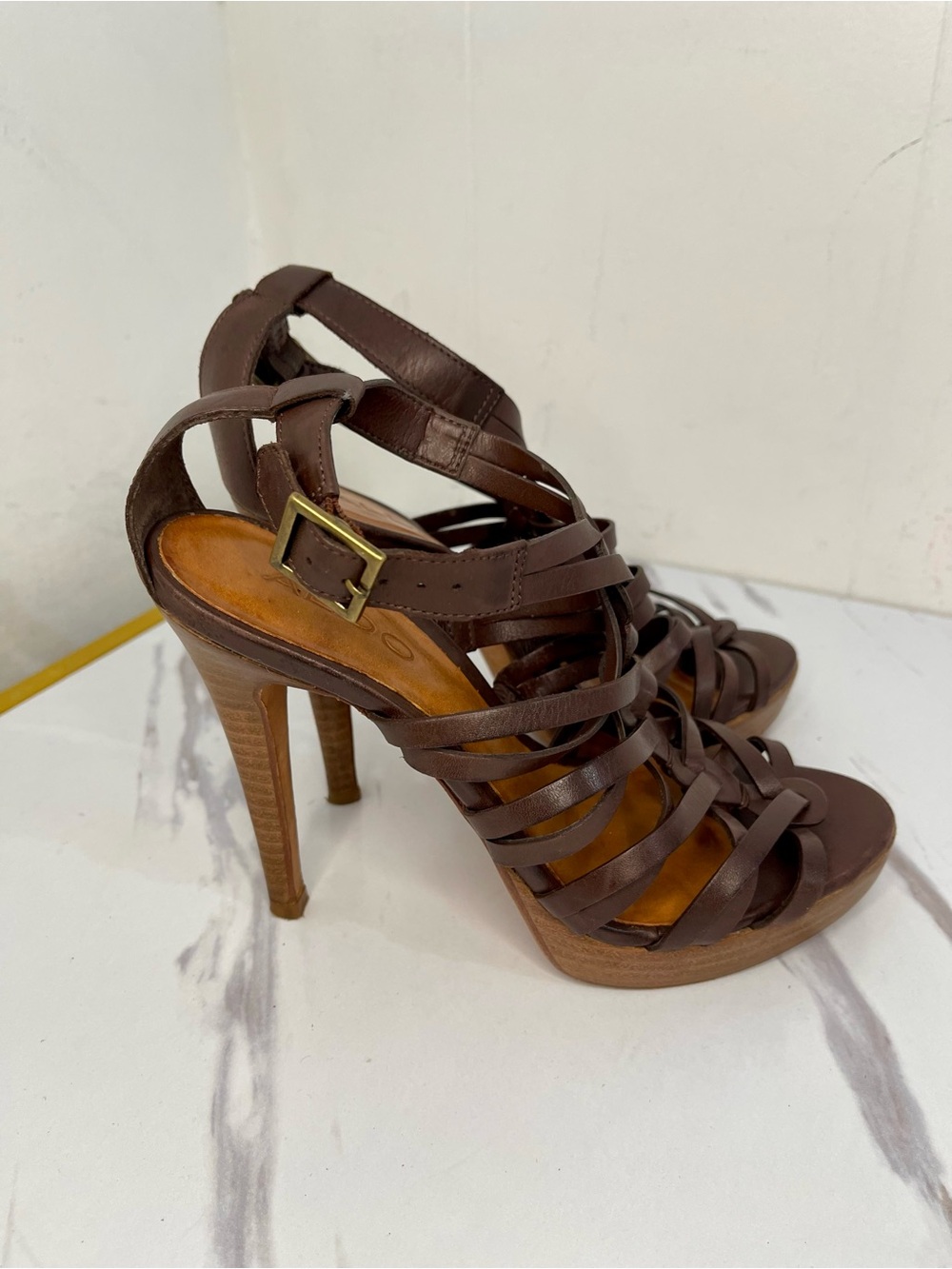 Aldo Brown Strappy High Heel Sandals with Intricate Design Sz EU 37/ US 6.5-7 - Picture 3 of 12